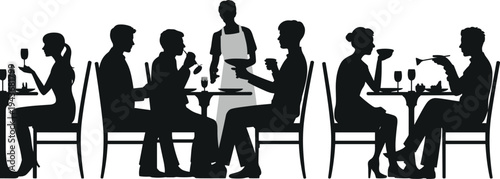 Restaurant dining people silhouettes with waiter serving food at table social dinner scene black silhouette vector illustration