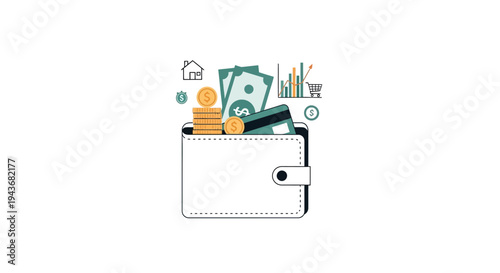 Wallet overflowing with cash credit cards and coins symbolizing financial wealth.