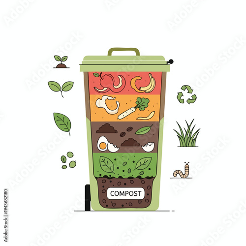 Compost bin filled with food scraps and soil, with garden elements around it