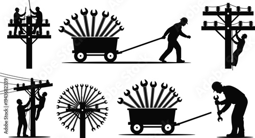 Set of electrical worker silhouettes repairing utility poles and technician pulling cart with wrenches for industrial maintenance and power line service concepts on white