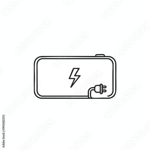 Minimalist outline of a rectangular power bank with a lightning bolt and plug