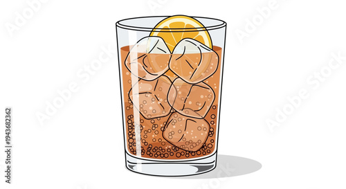 Vector illustration of whiskey drink with ice and lemon