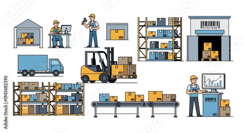 Warehouse and Logistics Operations with Forklift and Delivery Truck.
