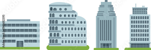 Set of modern city building illustrations, urban architecture collection including office towers and apartments, real estate concept isolated on white