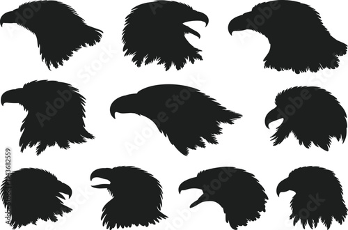Collection of eagle head silhouettes in different poses, majestic bird of prey vector set, powerful raptor animal silhouettes isolated
