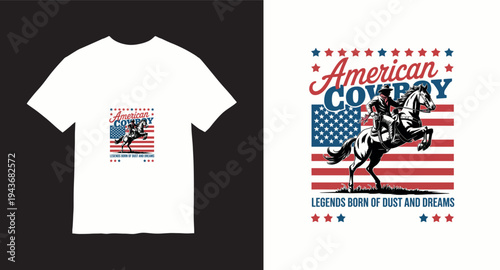 American cowboy riding horse with US flag and stars