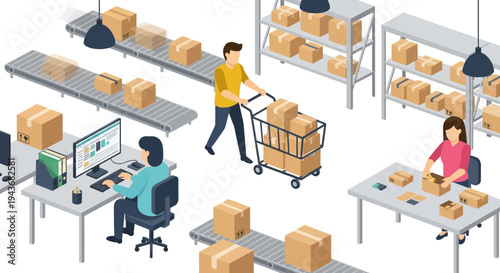 Warehouse worker pushing a cart filled with packages, ready for shipping and distribution.