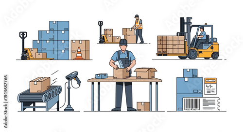 Warehouse workers and logistics operations illustration.