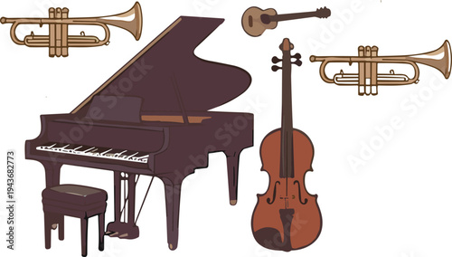 Vintage musical instruments and classical orchestra elements collection with piano guitar violin harp trumpet retro vector illustration set