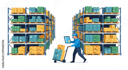 Warehouse worker using tablet and trolley for inventory management.