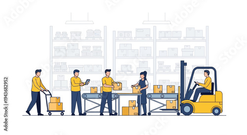 Warehouse workers operating a modern logistics and distribution center.