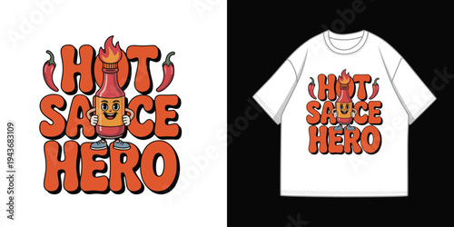 Retro Cartoon Hot Sauce Hero Vector Illustration with Chili Peppers and Flaming Bottle Character for T-Shirt Print Design