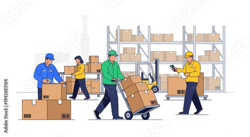 Warehouse workers organizing and moving boxes with forklifts.