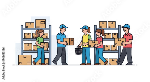 Warehouse workers organizing and moving boxes.