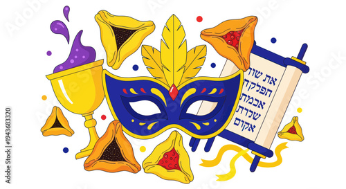 Purim Celebration Elements: Mask, Hamantaschen, Goblet, Scroll