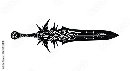 Stylized black silhouette of a fantastical sword with intricate details