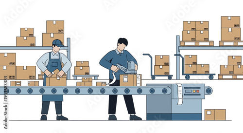 Warehouse workers packing boxes on a conveyor belt.