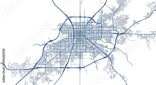 Fotografie Aerial View of City Street Map, Urban Transportation Network, White Background