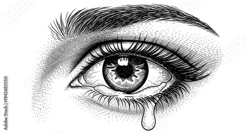 Close-up of a tear rolling down a crying eye, black and white etching style