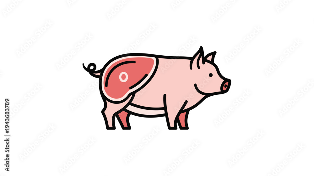 Fototapeta premium Illustration of a pink pig shows a highlighted red cut of meat on its hindquarters, indicating pork source locations.