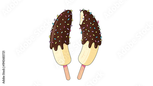 Pair of chocolate-covered bananas on sticks are decorated with colorful sprinkles for a fun and sweet summer treat.