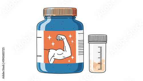 Two supplement bottles, one for muscle building and one for pills, are shown in an illustrative style for fitness.