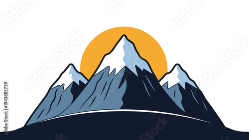 Stylized illustration of snowy mountain peaks set against a bright orange sun is perfect for nature and travel art.
