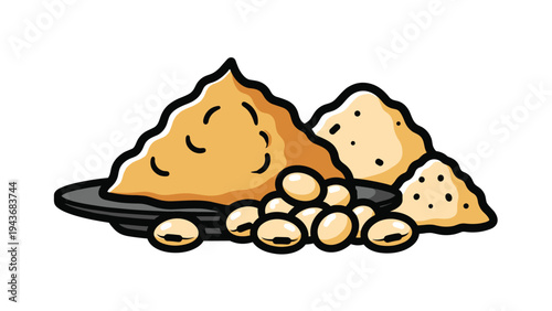 Piles of traditional Japanese miso paste and whole soybeans are shown together on a dark plate for cooking themes.