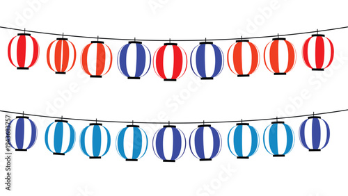 Strings of colorful Japanese festival lanterns in red and blue stripes are shown against a clean white background.