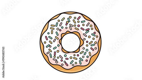 Delicious glazed donut with white icing and multicolored sprinkles is isolated on a white background for food illustration.
