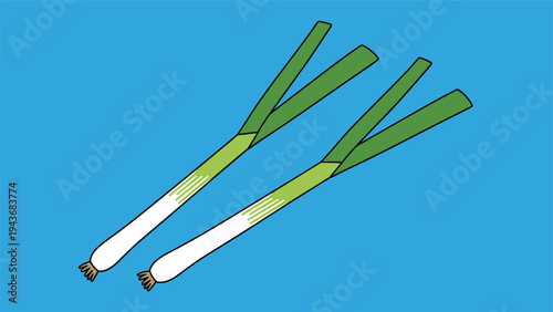 Two fresh green leeks with white roots and long green stalks are shown diagonally against a solid bright blue background.
