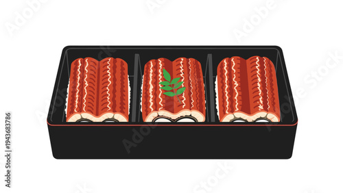 Traditional Japanese unagi kabayaki consists of grilled eel glazed with sweet sauce over rice in a black lacquer box.