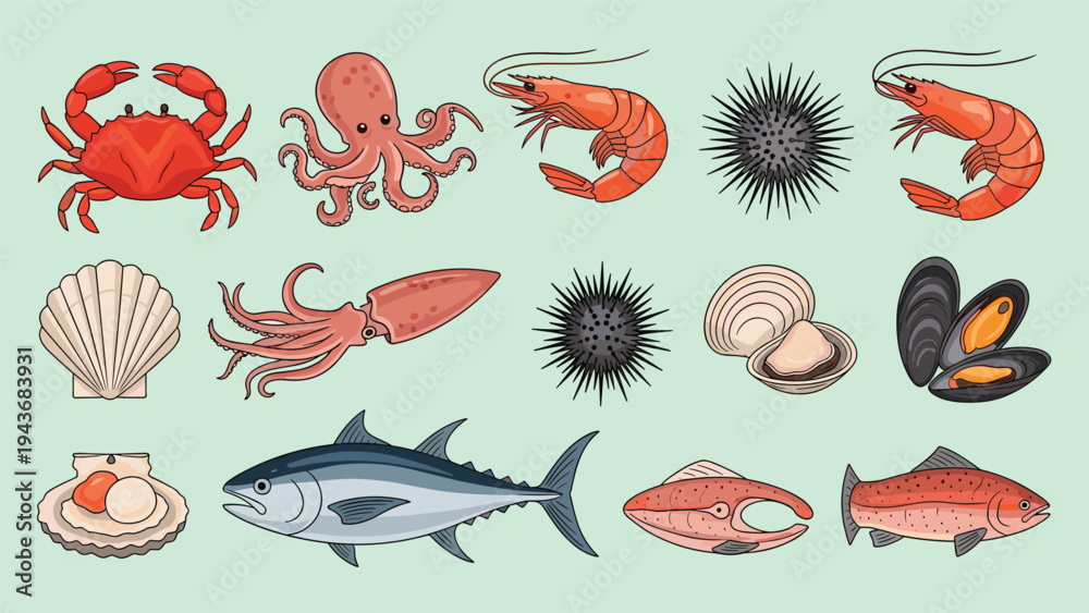 Obraz premium Comprehensive collection of various seafood items including crab, octopus, shrimp, urchin, and different fish in vector style.