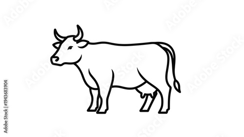 Simple black and white outline drawing of a dairy cow standing sideways, showcasing its form for coloring or icons.