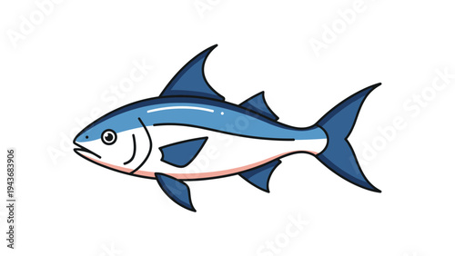 Slender blue and white fish with prominent fins is depicted in a clean graphic style on a plain white background.