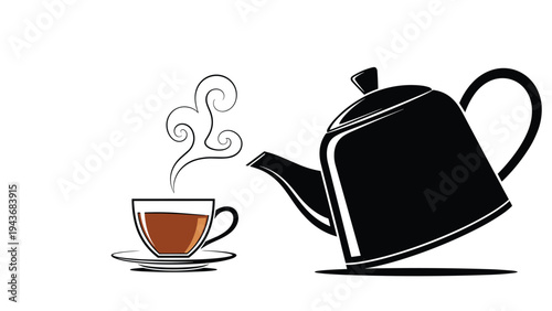 Dark teapot is pouring hot tea into a transparent glass cup showing steam rising in a simple and clean graphic illustration.