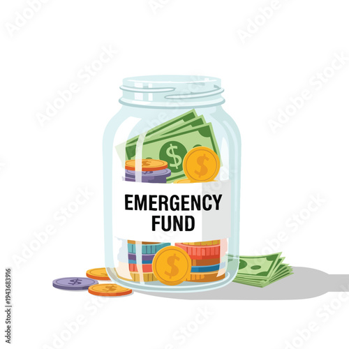 Glass jar filled with cash and coins, labeled "EMERGENCY FUND