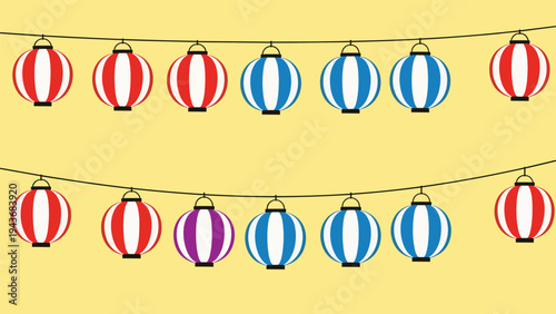 Two parallel rows of colorful Japanese lanterns in red, white, blue, and purple stripes hang against a yellow background.