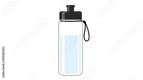 Transparent sports water bottle with a black cap and carrying loop is half-filled with clear water on a white background.