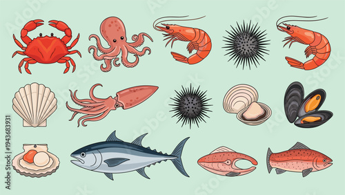 Comprehensive collection of various seafood items including crab, octopus, shrimp, urchin, and different fish in vector style.
