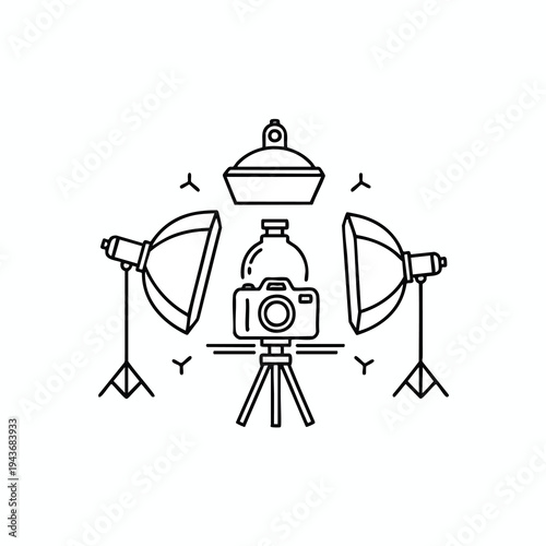 Camera and bottle on tripod with studio lights and reflector