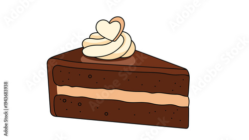 Slice of rich chocolate layer cake with creamy filling is topped with a swirl of frosting and a small heart-shaped garnish.