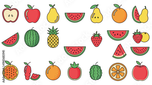 Large grid of colorful fruit icons includes apples, pears, watermelons, strawberries, and pineapples in a simple flat style.