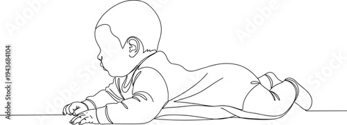 Continuous line drawing of a cute baby crawling, minimalist single line art of an infant lying on belly, newborn vector sketch