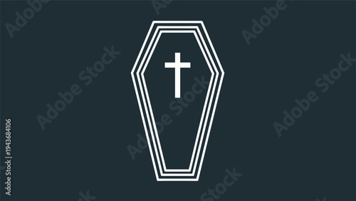 Simple icon of a traditional wooden coffin with a white cross on its lid is displayed against a dark charcoal grey background.