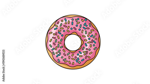 Whole pink frosted donut is covered with multi-colored sprinkles in a classic and tempting dessert illustration for sweet fans.