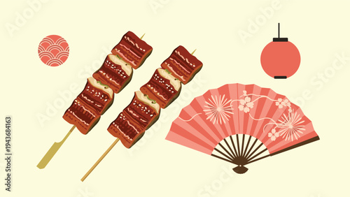 Traditional Japanese grilled eel skewers are shown alongside a decorative fan, lantern, and classic pattern for summer art.