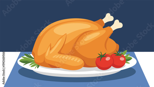 Perfectly roasted whole chicken or turkey is served on a platter with fresh tomatoes and garnishes for holiday dinner themes.