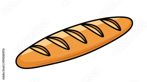 Long crusty baguette loaf is depicted in a simple vector illustration for bakery menus, sandwich shops, and pantry themes.