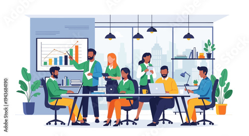 Diverse team collaborating in a modern office meeting.